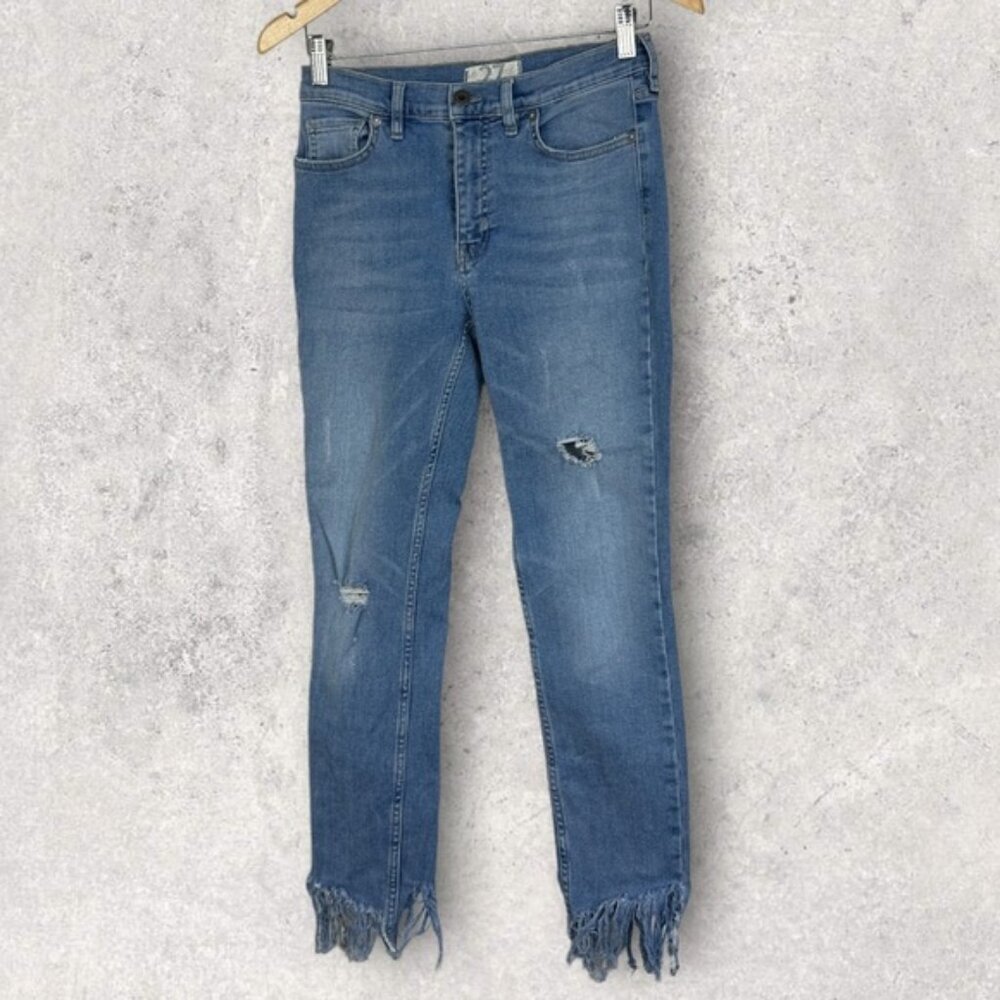 Free People Raw Hem Fringe High Rise Denim Blue Jeans Great Heights Size 27 Boho - Picture 3 of 14
